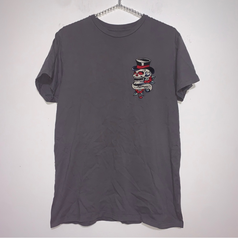 Ed Hardy Christian Audigier TShirt Size Large Gray Vintage Skull Top Hat Tattoo
